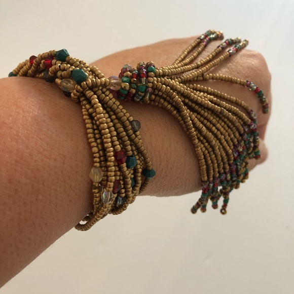Gold Beaded Multi-Strand Tassel Stretch Bracelet - Picture 3 of 6